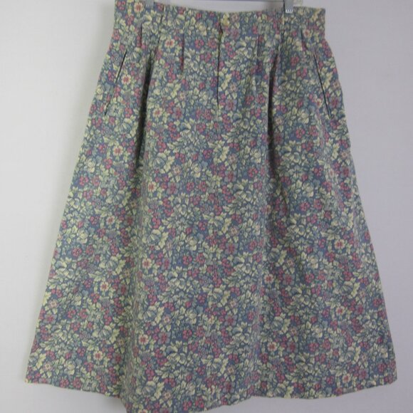 Vtg LL Bean Women XL Blue Pink Floral Heavy Cotton A Line Front Zip Pleats 35" - Picture 1 of 12